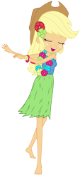 Size: 3000x6612 | Tagged: safe, artist:discorded, edit, applejack, equestria girls, g4, shake your tail, barefoot, clothes, feet, female, flower, grass skirt, hawaiian, hawaiian flower in hair, hula, hulajack, humanized, lei, simple background, skirt, solo, transparent background, vector