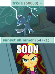 Size: 640x870 | Tagged: safe, edit, edited screencap, screencap, sunset shimmer, trixie, pony, unicorn, derpibooru, equestria girls, g4, magic duel, my little pony equestria girls, 54771, 60000, alicorn amulet, bipedal, caption, comic, dialogue, female, image macro, lightning, mare, meme, meta, screencap comic, soon, tags, text, this will end in death, this will end in pain, this will end in tears, this will end in tears and/or death, this will not end well