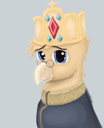 Size: 2480x3055 | Tagged: safe, artist:tekggd, oc, oc only, oc:grover vi, griffon, equestria at war mod, beak, bust, clothes, crown, glasses, gray background, high res, jewelry, male, portrait, regalia, simple background, solo