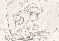 Size: 1200x834 | Tagged: safe, artist:ncmares, applejack, earth pony, pony, apple, apple tree, bucket, cowboy hat, female, food, hat, looking back, mare, monochrome, muddy hooves, pencil drawing, sketch, solo, tail bun, traditional art, tree