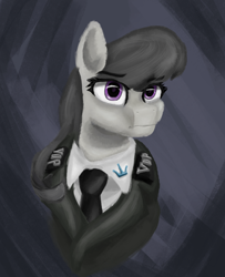 Size: 2480x3055 | Tagged: safe, artist:tekggd, octavia melody, changeling, earth pony, pony, equestria at war mod, bust, clothes, female, gray background, mare, military uniform, necktie, portrait, simple background, solo, uniform