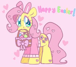 Size: 2877x2535 | Tagged: safe, artist:bunxl, fluttershy, pegasus, pony, g4, basket, bunny ears, clothes, cute, easter, easter basket, easter egg, female, heart, heart eyes, high res, holiday, mouth hold, pink background, shyabetes, simple background, solo, text, wingding eyes