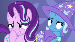 Size: 1280x720 | Tagged: safe, screencap, starlight glimmer, trixie, celestial advice, g4, duo, stifling laughter