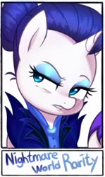 Size: 683x1147 | Tagged: safe, artist:maren, rarity, pony, unicorn, g4, alternate timeline, bust, clothes, eyeshadow, female, makeup, night maid rarity, nightmare takeover timeline, solo, text