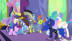 Size: 1280x720 | Tagged: safe, screencap, discord, princess celestia, princess luna, starlight glimmer, thorax, trixie, changedling, changeling, draconequus, pony, unicorn, celestial advice, g4, bowing, butt, cape, clothes, equestrian pink heart of courage, eyes closed, hat, king thorax, levitation, magic, plot, reformed four, royal sisters, telekinesis, trixie's cape, trixie's hat, twilight's castle