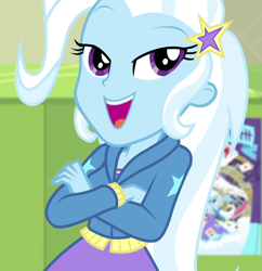 Size: 1046x1080 | Tagged: safe, screencap, trixie, equestria girls, equestria girls specials, g4, my little pony equestria girls: better together, my little pony equestria girls: forgotten friendship, barrette, canterlot high, clothes, cropped, crossed arms, cute, diatrixes, female, hallway, hoodie, lockers, open mouth, solo, trixie's poster