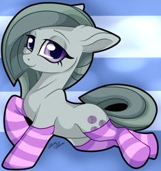 Size: 2944x3133 | Tagged: safe, artist:gleamydreams, marble pie, earth pony, pony, g4, clothes, cute, female, floppy ears, high res, lidded eyes, looking at you, marblebetes, mare, smiling, socks, solo, striped socks