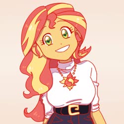 Size: 2048x2048 | Tagged: dead source, safe, artist:chapaghettii, sunset shimmer, equestria girls, g4, belt, blouse, clothes, cute, female, geode of empathy, high res, jewelry, magical geodes, necklace, pants, pink background, shimmerbetes, simple background, solo