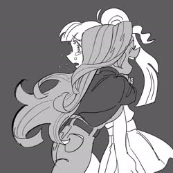 Size: 2048x2048 | Tagged: dead source, safe, artist:chapaghettii, sci-twi, sunset shimmer, twilight sparkle, equestria girls, g4, belt, black and white, blouse, clothes, crying, duo, female, gray background, grayscale, high res, hug, jeans, lesbian, monochrome, pants, ship:sci-twishimmer, ship:sunsetsparkle, shipping, simple background, skirt