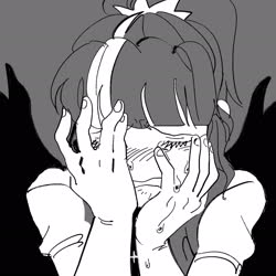 Size: 2048x2048 | Tagged: dead source, safe, artist:chapaghettii, sci-twi, twilight sparkle, equestria girls, g4, black and white, black background, blouse, crying, female, grayscale, high res, monochrome, scrunchie, simple background, solo