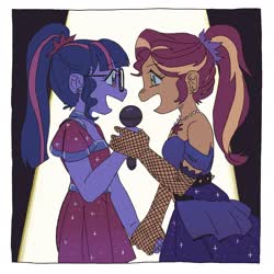 Size: 2048x2048 | Tagged: dead source, safe, artist:chapaghettii, sci-twi, sunset shimmer, twilight sparkle, equestria girls, g4, clothes, dress, duo, female, fishnet stockings, high res, holding hands, lesbian, microphone, ponytail, scrunchie, ship:sci-twishimmer, ship:sunsetsparkle, shipping, spotlight