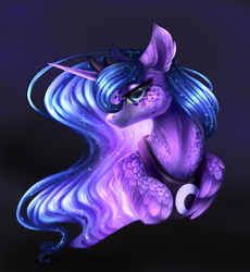 Size: 2029x2209 | Tagged: safe, artist:alissa1010, princess luna, alicorn, pony, g4, black background, bust, cheek fluff, coat markings, cute, ear fluff, female, high res, looking at you, lunabetes, mare, portrait, profile, simple background, solo