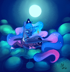 Size: 900x926 | Tagged: safe, artist:eeviart, princess luna, alicorn, pony, bracelet, cloud, eyes closed, female, full moon, horn, horn jewelry, jewelry, leaf, mare, moon, night, on a cloud, prone, sky, solo
