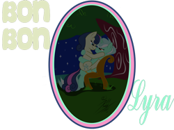 Size: 900x672 | Tagged: safe, artist:killkatt, bon bon, lyra heartstrings, sweetie drops, earth pony, pony, unicorn, g4, bench, cutie mark, digital art, female, horn, lesbian, mare, night, ship:lyrabon, shipping, simple background, text, transparent background, tree, wings