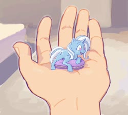 Size: 2000x1800 | Tagged: dead source, safe, artist:chapaghettii, edit, trixie, human, pony, unicorn, g4, cushion, cute, diatrixes, disembodied hand, female, hand, in goliath's palm, mare, micro, no pupils, open mouth, prone, smiling, tiny, tiny ponies