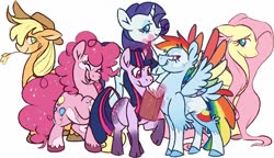 Size: 1344x772 | Tagged: safe, artist:oatmeaio, applejack, fluttershy, pinkie pie, rainbow dash, rarity, twilight sparkle, classical unicorn, earth pony, pegasus, pony, unicorn, g4, alternate design, book, cloven hooves, colored wings, freckles, glowing horn, horn, leonine tail, magic, magic aura, mane six, multicolored wings, piebald coat, rainbow wings, simple background, straw in mouth, tail feathers, unshorn fetlocks, white background, wings