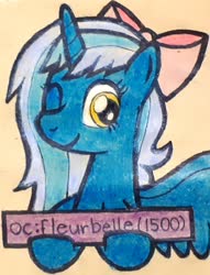 Size: 1465x1920 | Tagged: safe, artist:melisareb, oc, oc only, oc:fleurbelle, alicorn, pony, derpibooru, adorabelle, cute, female, looking at you, mare, meta, milestone, ocbetes, one eye closed, ribbon, solo, tags, traditional art, wink, winking at you