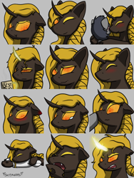Size: 768x1024 | Tagged: safe, artist:skydreams, oc, oc:queen ceropali, changeling, changeling queen, waspling, angry, blushing, boop, changeling queen oc, coffee mug, commission, crying, ear blush, embarrassed, emoji, emotes, eyeliner, fangs, female, glowing horn, happy, hexagon, horn, hug, makeup, messy mane, mug, one eye closed, pillow, pouting, scrunchy face, sleeping, smiling, smirk, snarling, wasp changeling, wink, yawn, yellow changeling