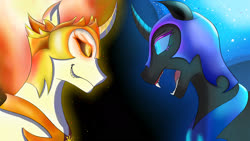 Size: 1920x1080 | Tagged: safe, artist:flaxen's art corner, daybreaker, nightmare moon, alicorn, pony, g4, angry, duo, face to face, fanart, wallpaper