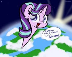 Size: 1920x1513 | Tagged: dead source, safe, artist:php142, starlight glimmer, pony, unicorn, g4, best pony, cloud, dialogue, earth, female, impossibly long neck, long glimmer, long pony, looking at you, meme, smiling, solo, space, stars, sun, text