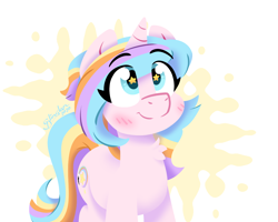 Size: 1250x1000 | Tagged: safe, artist:glimglam, oc, oc only, oc:oofy colorful, pony, unicorn, abstract background, blushing, chest fluff, eye clipping through hair, female, horn, lineless, looking up, mare, simple background, solo, starry eyes, three quarter view, white background, wingding eyes