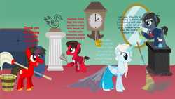 Size: 3328x1882 | Tagged: safe, artist:shadymeadow, oc, oc:fried egg, earth pony, pony, unicorn, big hero 6, bucket, coco (disney movie), elsa, female, frozen (movie), hiro hamada, magic, male, mare, miguel rivera, mop, ponified, stallion