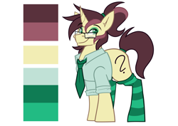 Size: 4093x2894 | Tagged: safe, artist:artsyambi, oc, oc only, oc:ambiguity, pony, unicorn, clothes, cute, eyeshadow, glasses, green eyes, makeup, necktie, ponytail, reference sheet, socks, solo, stockings, striped socks, suit, thigh highs