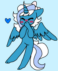 Size: 692x849 | Tagged: safe, artist:the-devils-den, oc, oc:fleurbelle, alicorn, pony, alicorn oc, bipedal, blue background, blushing, bow, female, giggling, hair bow, heart, horn, mare, simple background, wings