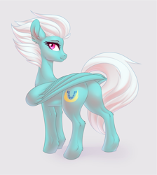 Size: 1957x2181 | Tagged: safe, artist:nightskrill, fleetfoot, pegasus, pony, g4, butt, ear fluff, female, folded wings, gray background, leg fluff, looking at you, looking back, looking back at you, mare, plot, rear view, simple background, solo, stupid sexy fleetfoot, wings