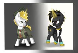 Size: 4939x3373 | Tagged: safe, artist:waffletheheadmare, oc, oc only, oc:high voltage, oc:thunderstruck, pony, unicorn, ac/dc, bag, black hair, blonde hair, bolt, boots, clothes, cutie mark, duo, eyelashes, female, gold, half-closed eyes, hat, jewelry, magic, mare, necklace, necktie, shadow, shadows, shirt, shoes, short hair, simple background, smiling, socks, sweater, thunder, tongue out, turtleneck, vest, zap
