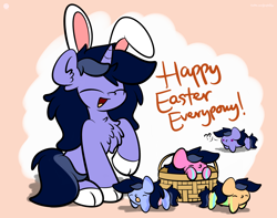 Size: 3250x2560 | Tagged: dead source, safe, artist:php142, oc, oc only, oc:purple flix, pony, unicorn, blob, bunny ears, chest fluff, cute, easter, easter egg, eyes closed, high res, holiday, male, question mark, solo, stallion, text, tongue out