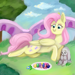 Size: 2700x2700 | Tagged: safe, artist:ske, angel bunny, fluttershy, pegasus, pony, rabbit, g4, animal, duo, easter, easter egg, female, folded wings, grass, high res, holiday, mare, outdoors, prone, wings