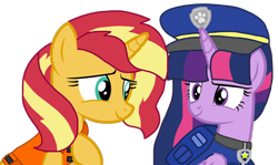 Size: 1440x860 | Tagged: safe, artist:徐詩珮, sunset shimmer, twilight sparkle, alicorn, pony, unicorn, series:sprglitemplight diary, series:sprglitemplight life jacket days, series:springshadowdrops diary, series:springshadowdrops life jacket days, g4, alternate universe, base used, chase (paw patrol), clothes, female, lesbian, lifejacket, paw patrol, ship:sunsetsparkle, shipping, simple background, transparent background, twilight sparkle (alicorn)