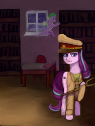 Size: 2928x3866 | Tagged: safe, artist:ske, spike, starlight glimmer, dragon, pony, unicorn, g4, the cutie map, 1984, communism, duo, hat, high res, indoors, looking at you, military uniform, open mouth, peaked cap, raised hoof, staff, staff of sameness, stalin glimmer, table