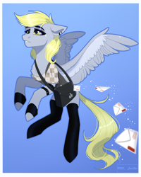 Size: 2000x2500 | Tagged: safe, artist:villjulie, derpy hooves, earth pony, pegasus, pony, g4, clothes, female, flying, gloves, gradient background, high res, kneesocks, letter, mail, mailbag, mailmare, mare, simple background, socks, solo, stockings, thigh highs, wings