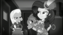 Size: 1280x720 | Tagged: safe, screencap, rarity, spike, spike the regular dog, trixie, dog, equestria girls, equestria girls series, g4, rarity investigates: the case of the bedazzled boot, monochrome, rarity investigates (eqg): trixie