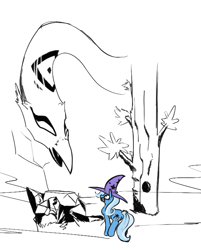 Size: 577x716 | Tagged: safe, artist:dinexistente, trixie, bird, pony, snake, g4, butt, clothes, female, forest, hat, mare, monster, partial color, plot, spooky, trixie's hat
