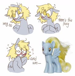 Size: 1920x1957 | Tagged: safe, artist:quiet-bunny, derpy hooves, pegasus, pony, g4, alternate hairstyle, blushing, cute, derpabetes, female, meme, messy mane, no pupils, ponified meme, toy