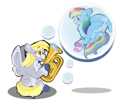 Size: 1280x1056 | Tagged: safe, artist:kiwi4578, derpy hooves, rainbow dash, pegasus, pony, g4, bubble, duo, in bubble, musical instrument, simple background, transparent background, tuba