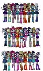 Size: 4192x6896 | Tagged: safe, artist:fazbearsparkle, applejack, fluttershy, pinkie pie, rainbow dash, rarity, starlight glimmer, sunset shimmer, trixie, twilight sparkle, equestria girls, g4, spoiler:comic, 3d, alternate clothes, bare shoulders, boots, clothes, clothes swap, dress, fall formal outfits, high heel boots, humane five, humane seven, humane six, looking at you, shoes, simple background, sleeveless, source filmmaker, strapless, white background