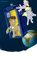 Size: 1000x1600 | Tagged: dead source, safe, artist:cocadoodles, derpy hooves, dinky hooves, doctor whooves, time turner, earth pony, pegasus, pony, unicorn, g4, crossover, doctor who, earth, female, filly, floating, male, mare, planet, space, stallion, tardis, the doctor, zero gravity