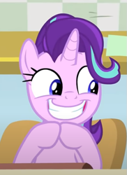 Size: 421x579 | Tagged: safe, screencap, starlight glimmer, pony, unicorn, a horse shoe-in, g4, season 9, big smile, chair, cropped, cute, desk, female, glimmerbetes, grin, hooves together, mare, sitting, smiling, solo