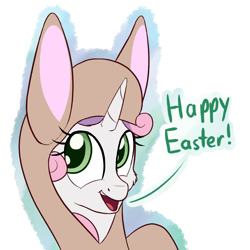 Size: 1000x1000 | Tagged: safe, artist:litrojia, sweetie belle, pony, unicorn, g4, animal costume, bunny costume, bunny ears, bust, clothes, costume, dialogue, female, filly, looking at you, portrait, raised hoof, simple background, smiling, solo, transparent background