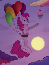 Size: 2055x2700 | Tagged: safe, artist:ske, pinkie pie, earth pony, pony, g4, balloon, cupcake, female, floating, flying, food, high res, mare, solo, then watch her balloons lift her up to the sky