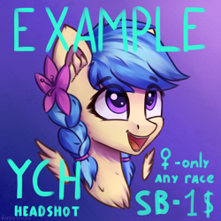 Size: 3000x3000 | Tagged: safe, artist:adagiostring, oc, oc only, oc:jeppesen, pegasus, pony, auction, braid, bust, commission, cute, flower, flower in hair, high res, open mouth, open smile, pegasus oc, portrait, purple eyes, smiling, solo, wings, your character here