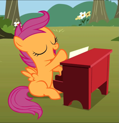 Size: 693x722 | Tagged: safe, screencap, scootaloo, pegasus, pony, g4, the show stoppers, cropped, eyes closed, female, musical instrument, open mouth, piano, playing, solo