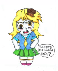 Size: 1280x1551 | Tagged: safe, artist:jimsupreme, derpy hooves, equestria girls, g4, blushing, chibi, female, food, muffin, solo, traditional art