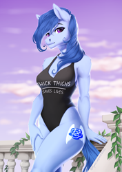 Size: 2893x4092 | Tagged: safe, artist:kyotoleopard, oc, oc only, oc:raylanda, earth pony, anthro, anthro oc, clothes, cloud, cutie mark, female, looking at you, mare, muscles, one-piece swimsuit, sexy, sky, smiling, solo, swimsuit