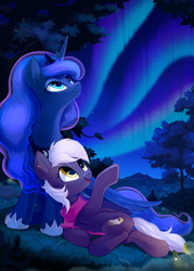 Size: 5785x8062 | Tagged: safe, artist:taneysha, princess luna, oc, oc:nighty cloud, alicorn, pegasus, pony, g4, aurora borealis, clothes, commission, commissioner:fleetfoot, crown, duo, female, forest, gift art, grass, grass field, jewelry, looking at you, lying down, night, regalia, scarf, sitting, stargazing, starry night, tree