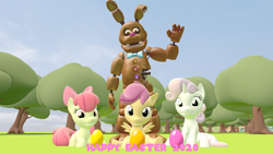 Size: 3840x2160 | Tagged: safe, artist:optimussparkle, apple bloom, scootaloo, sweetie belle, earth pony, pegasus, pony, unicorn, g4, 3d, bonnie (fnaf), chocolate bonnie, cutie mark crusaders, easter, easter egg, female, filly, five nights at freddy's, five nights at freddy's ar special delivery, high res, holiday, source filmmaker